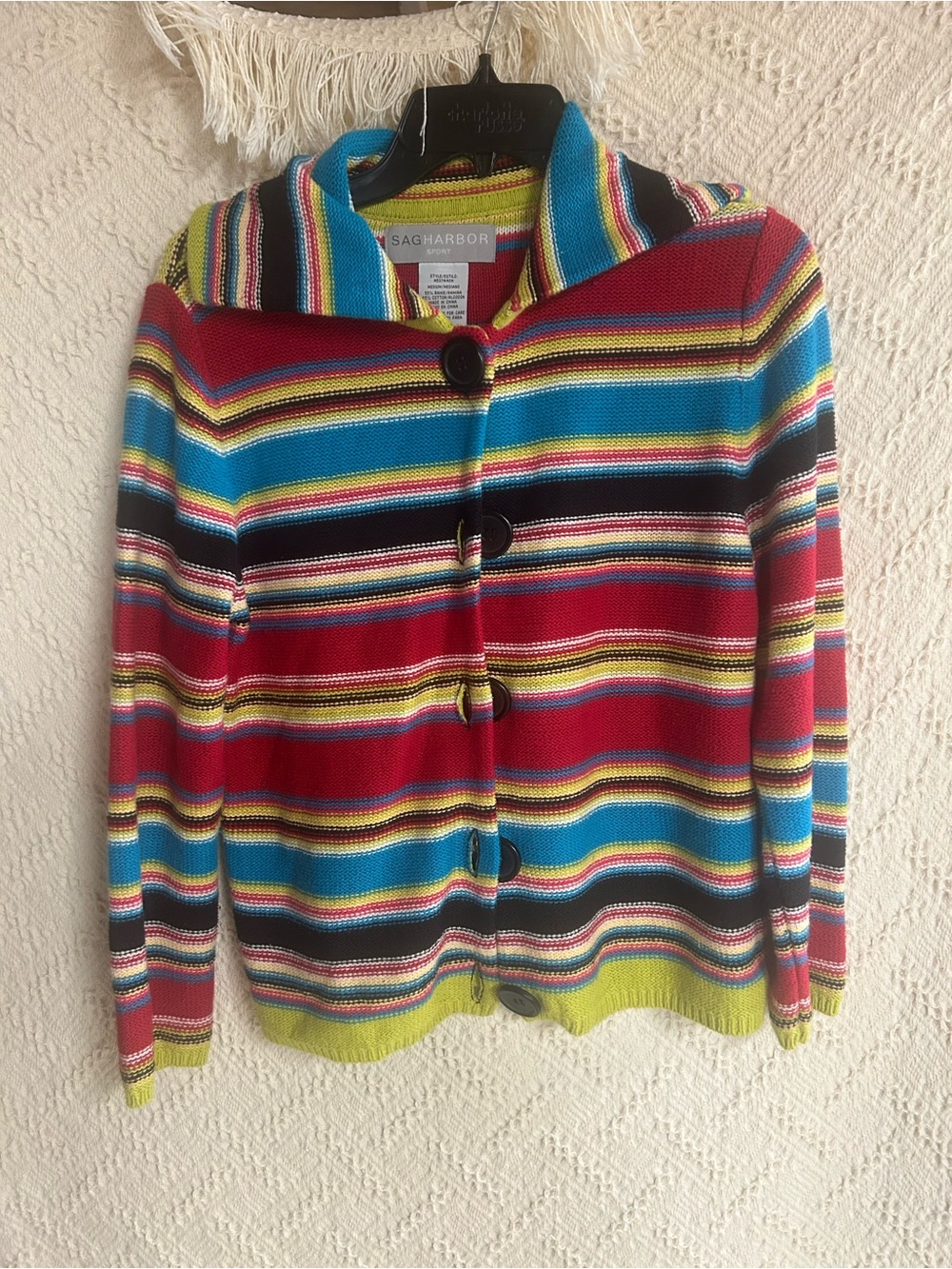 Sag Harbor Multicolor Striped Button Cardigan - Red, Blue, Yellow, Black